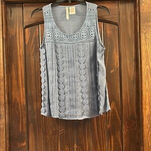 Forgotten Grace - Blue Tank Top with Embellished Neckline and Intricate Design